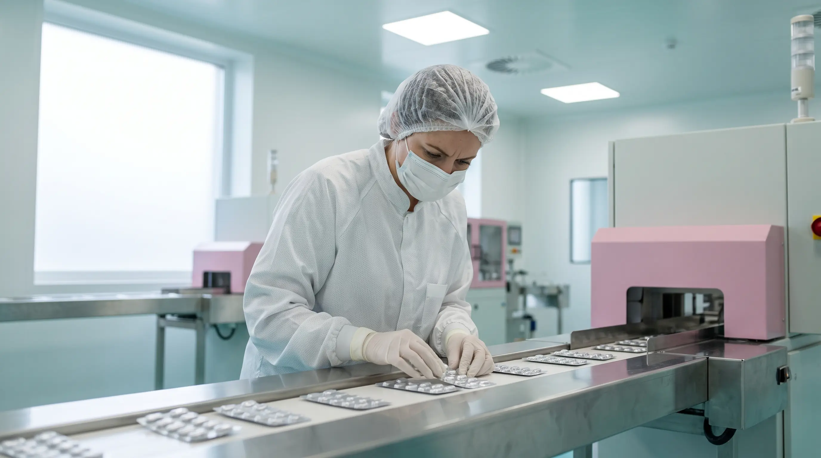 Cleanroom operator inspecting blister strips on a production line