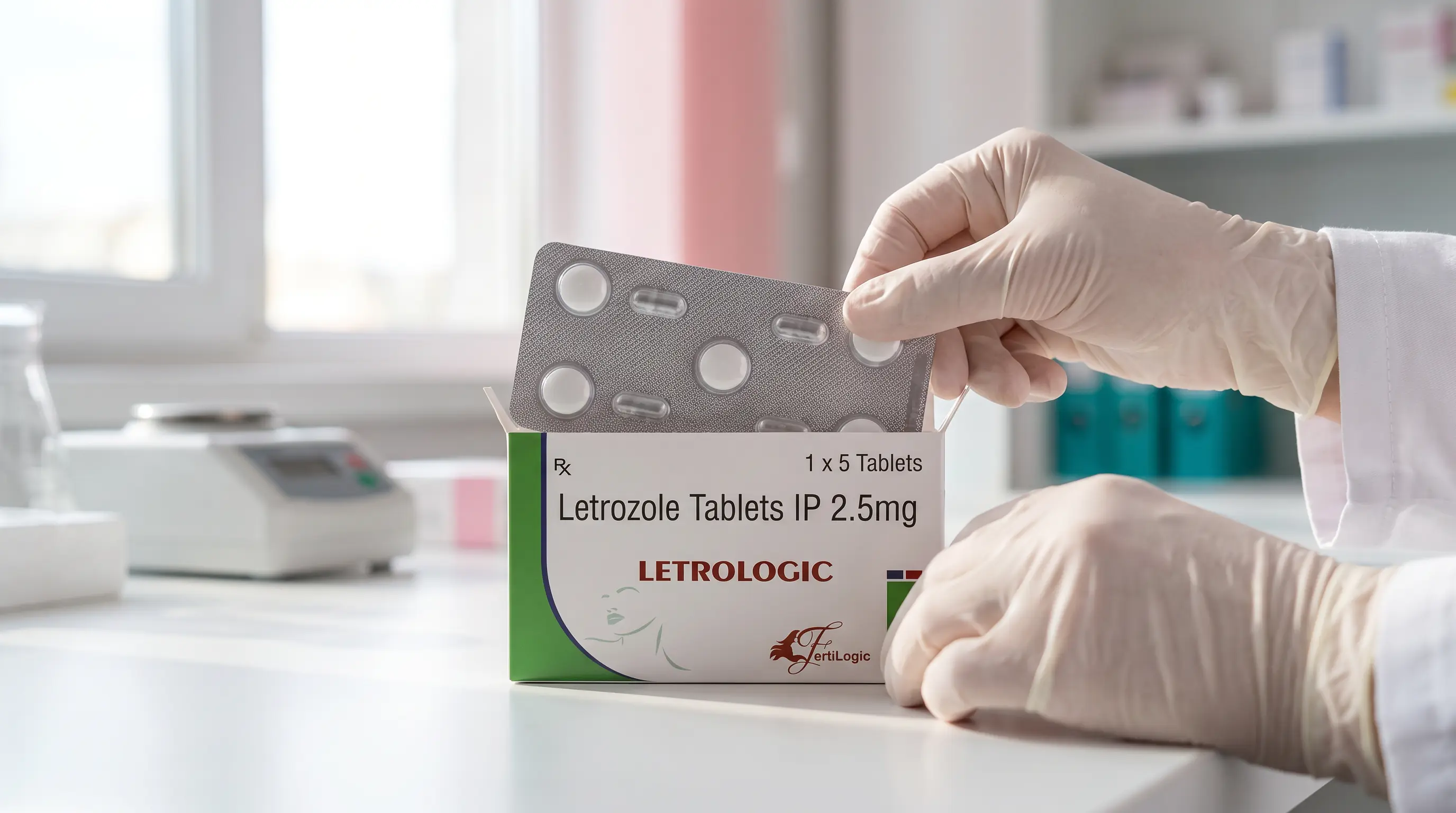 Gloved hands packing a LetroLogic blister strip into its carton